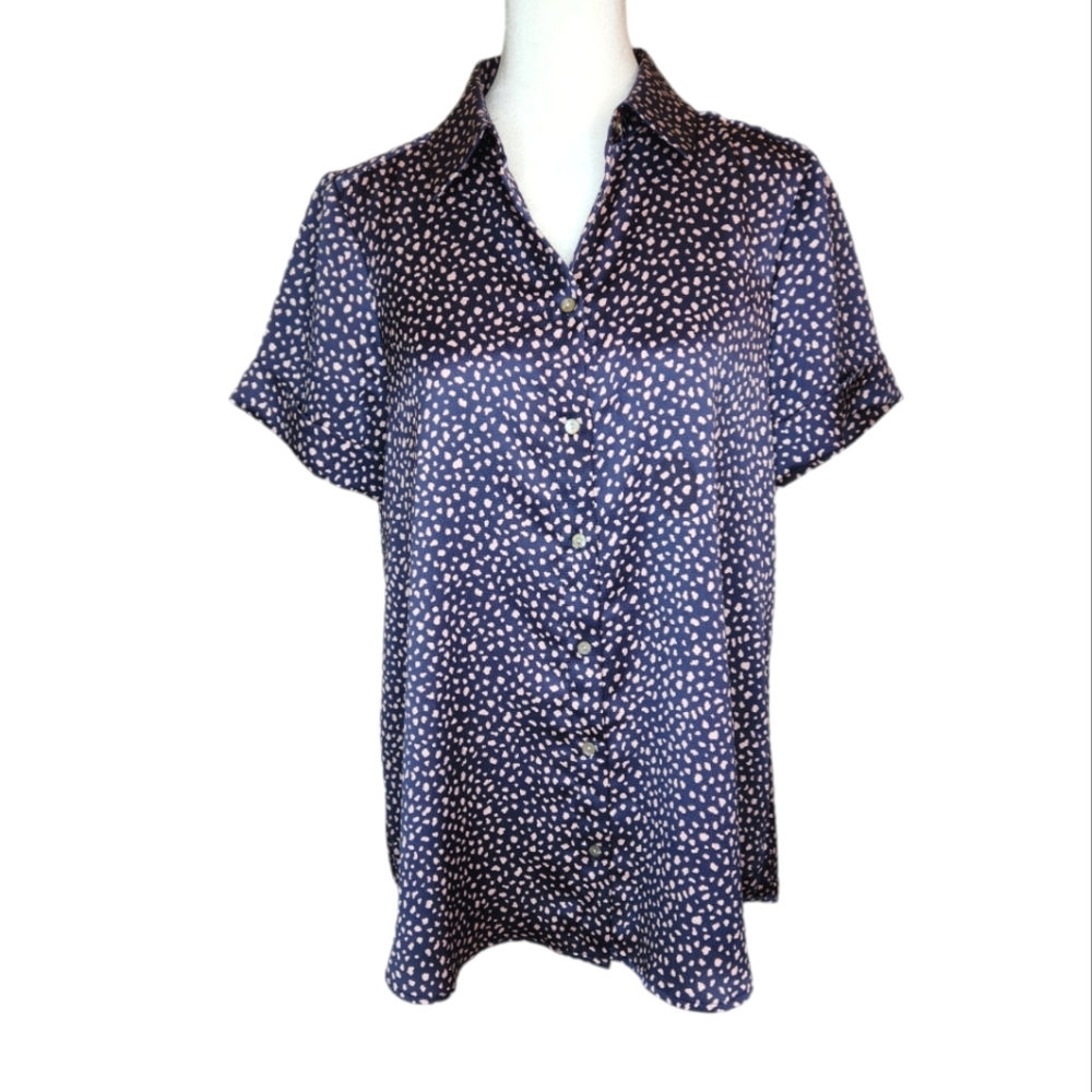 Hatch Navy Print Short Sleeve Button Down Maternity Shirt Size 0 XS